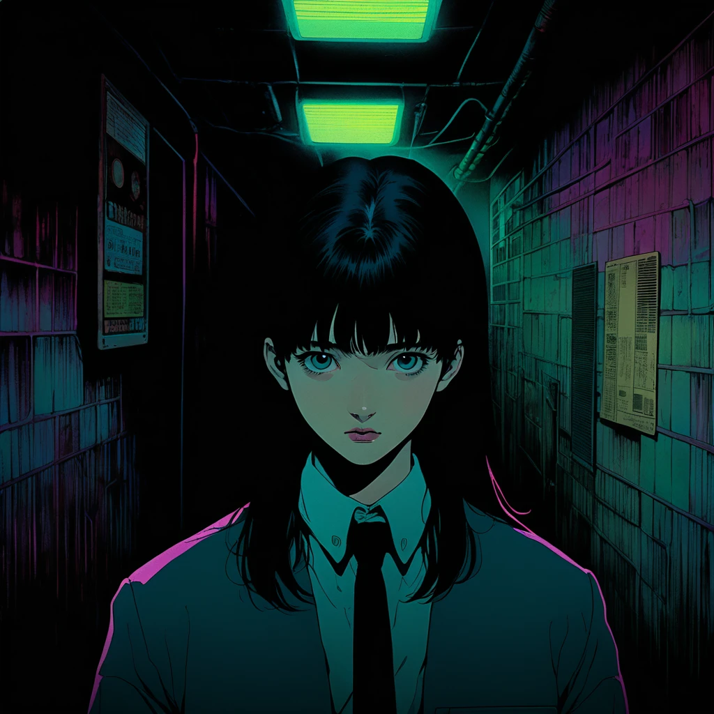illust、art、from 80s horror movie, directed by Junji Ito、darkness、Young Man investigator, Alley、nightmare、anxiety、high detail, realsitic shadow、Analog style, vhs style, 8mm film, chromatic aberration, Dvd screengrab、Surrealism