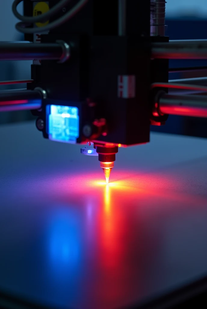 3D printer nozzle, in contact with the printing table, with lights of different colors coming out of the contact of the table with the nozzle