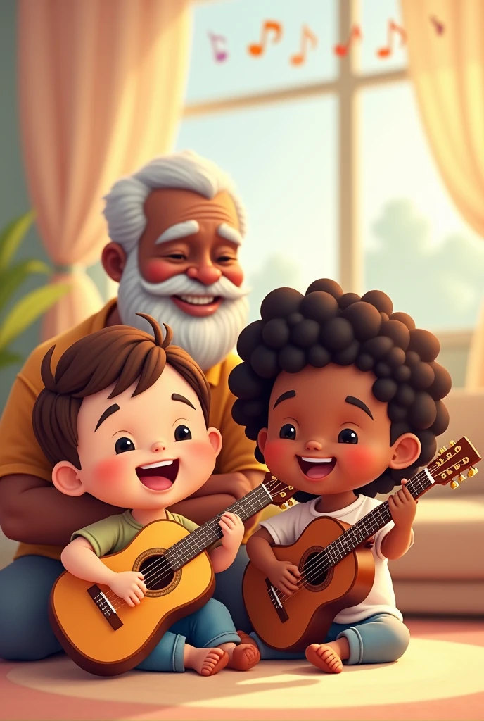 Two happy cartoon children, one white and the other dark-skinned, playing the guitar and a dark-skinned grandfather in the background