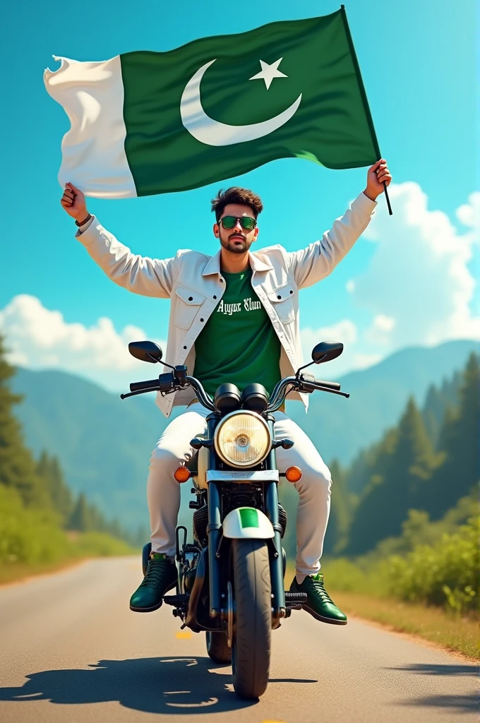 Create an Real image featuring a young man
sitting on the hood of a white and green bike,with Pakistan’s scenic background. He’s holding a flag celebrating Pakistan’s 14th August. The boy wears a green T-shirt with ‘Ayan Khan’ printed on it, white jacket, white pants, green shoes and sunglasses