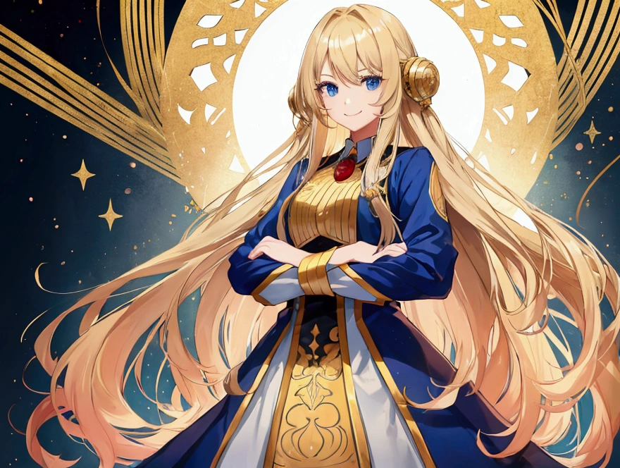 1 female,smile,Silky blonde long hair,stand up,Arms crossed,high school student