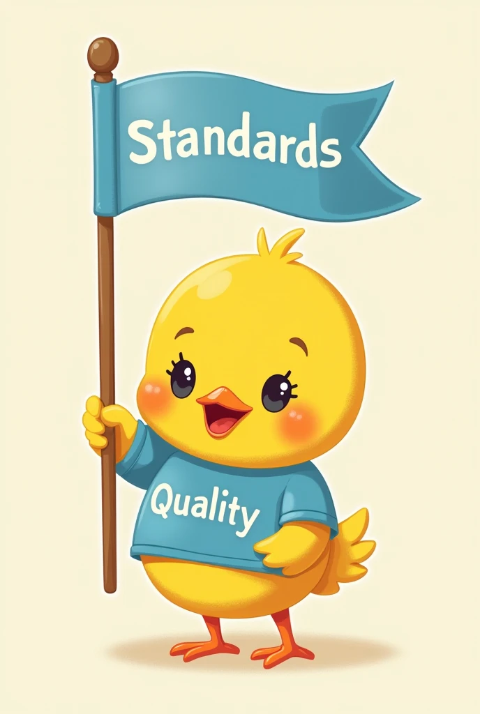 Cute yellow chick with a flag that says Standards and a blue t-shirt that says Quality