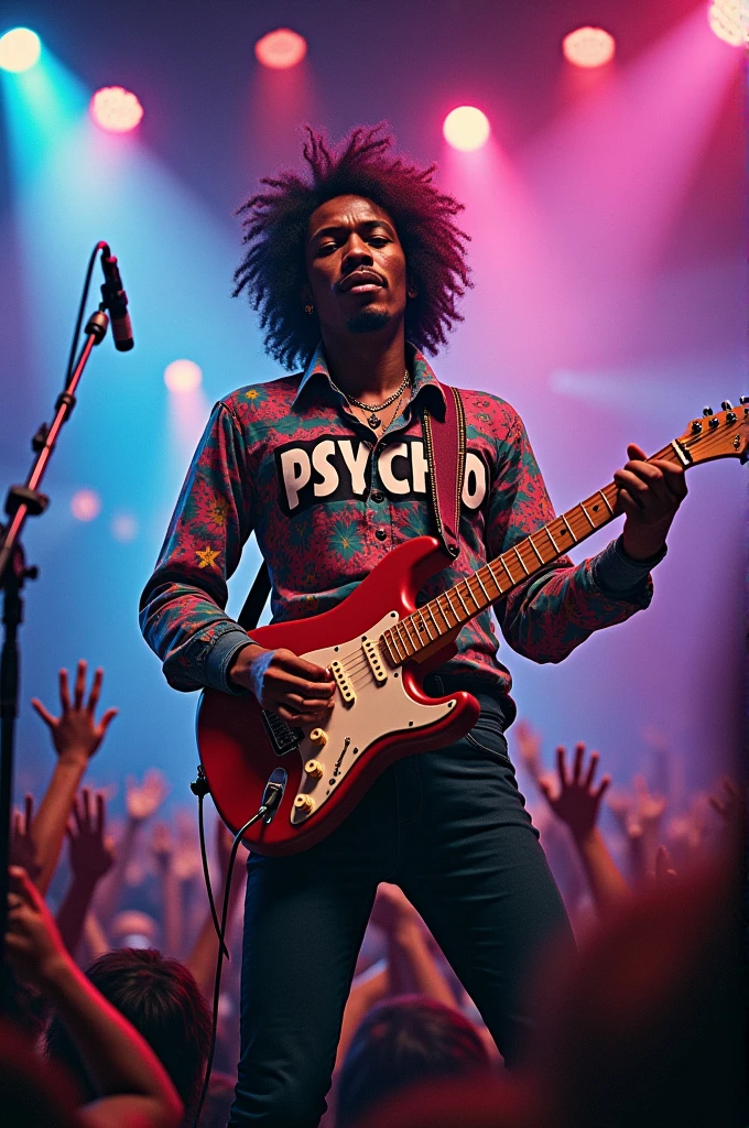 Jimi Hendrix concert wearing a shirt that says PSYCHO