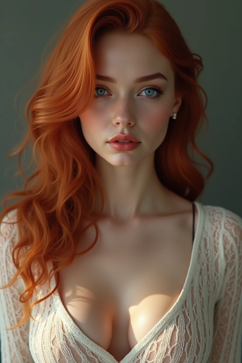 Miss, Large Breasts, Red hair, blue eyes, Transparent sweater, Small chin
