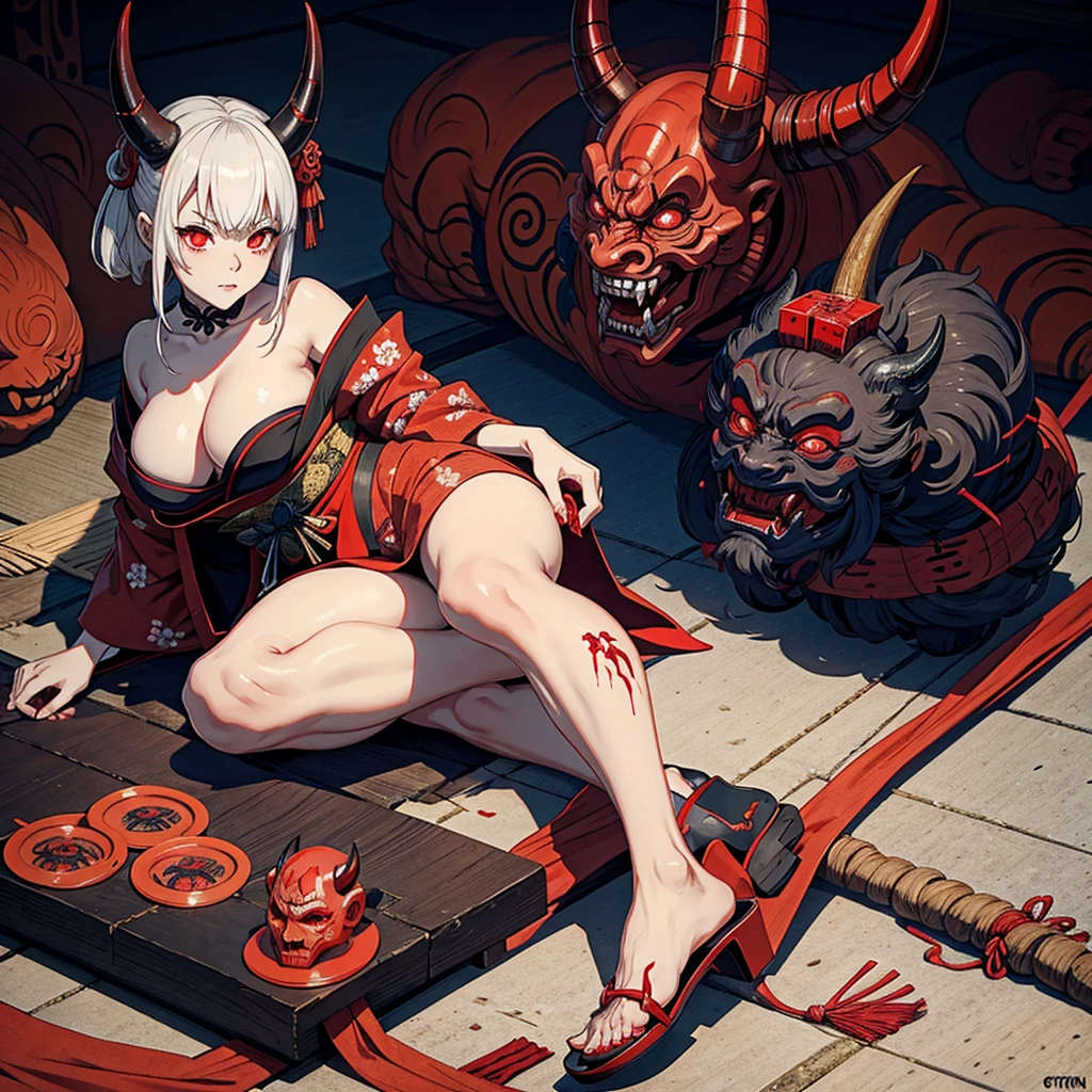 An oni, Japanese famale demon, horns and Terrifying mask,  with a blood red kimono and her geta, traditional Japanese footwear . In the style of Wayne barlowe