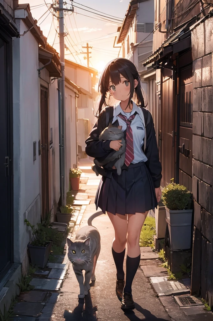 one girl wearing school uniform carrying a grey cat, alleyway, sunset