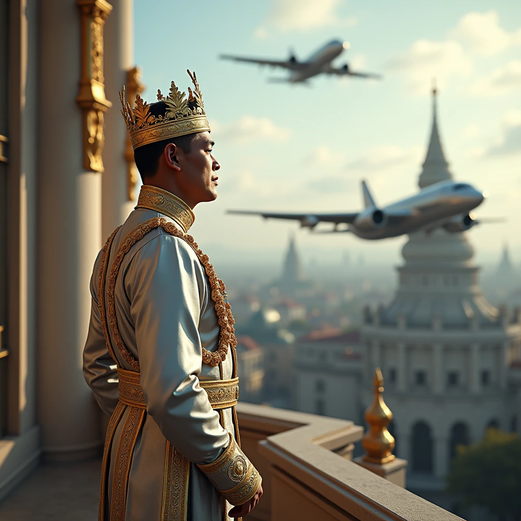 King Prabu Siliwangi, wearing a silver shirt and a gold crown, standing on the palace balcony, watching the super sophisticated royal planes flying across the palace area, realistic, very detailed, sharp lighting, futuristic, best quality, 8k.