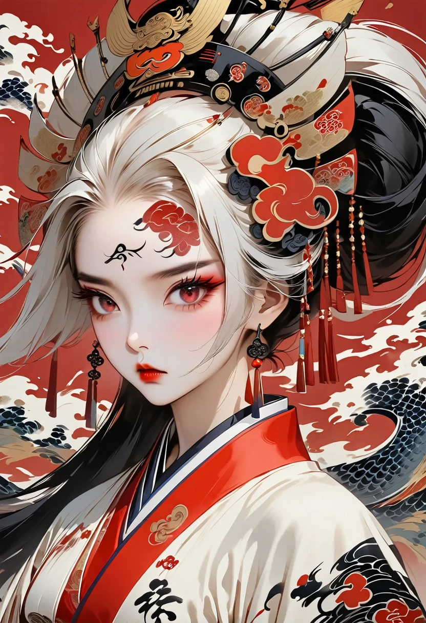 Modern art style for girl, black ponytail, complex background, Flying fish, (Koi colors:1.3), [Red thread|Black topics]
Ink painting, (((1 girl))), (((Tattoo in the middle of the forehead))),(((In the background is the Akatsuki moon))), (((Oiran))), (((Great hair accessories))), Japanese style headphones, Demon possession, (((Red eyes with an inscription inside them))),Face up close, Japanese beauty, White hair, Sensitive and precise, Modern Ukiyo-e style
