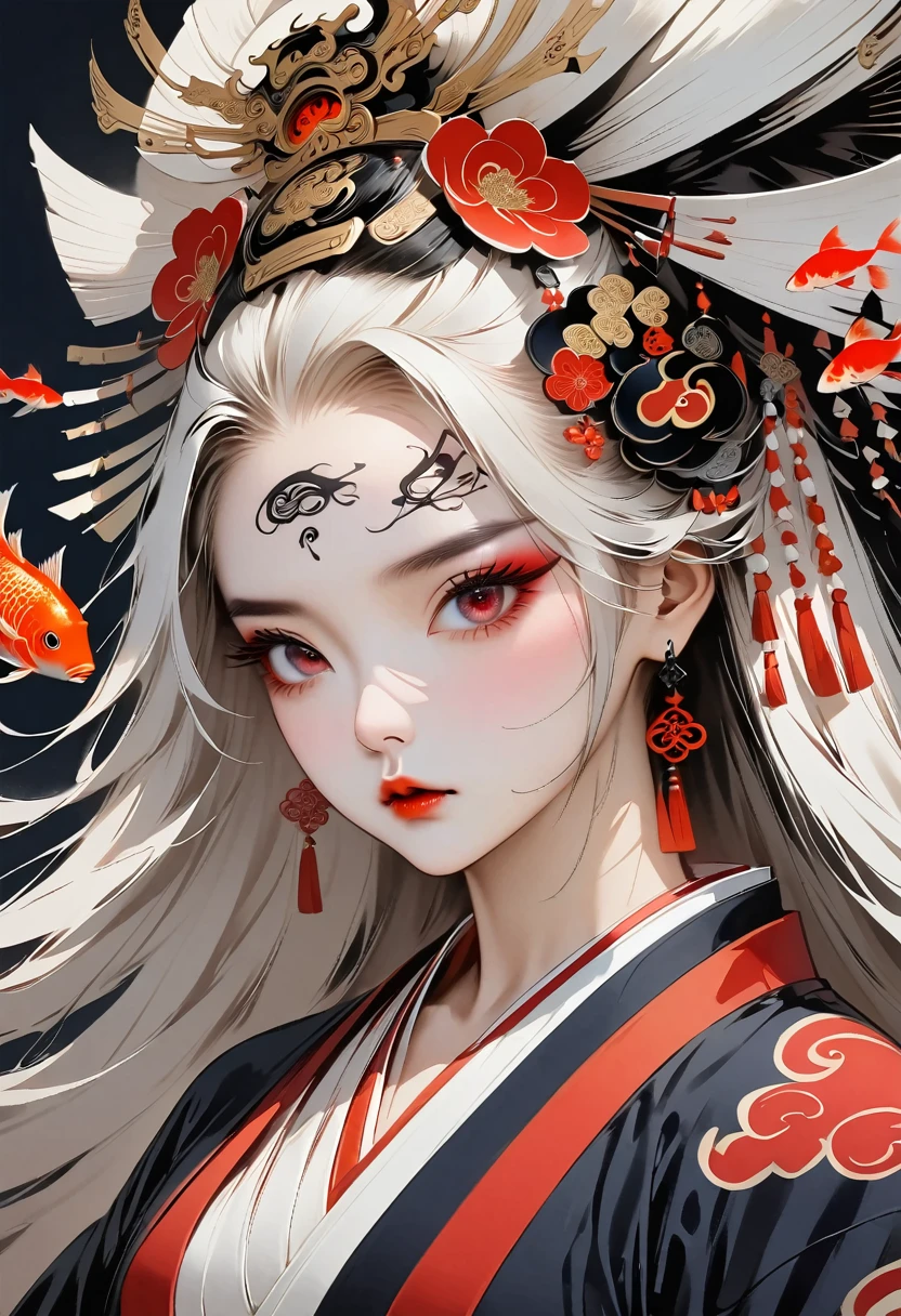 Modern art style for girl, black ponytail, complex background, Flying fish, (Koi colors:1.3), [Red thread|Black topics]
Ink painting, (((1 girl))), (((Tattoo in the middle of the forehead))),(((In the background is the Akatsuki moon))), (((Oiran))), (((Great hair accessories))), Japanese style headphones, Demon possession, (((Red eyes with an inscription inside them))),Face up close, Japanese beauty, White hair, Sensitive and precise, Modern Ukiyo-e style