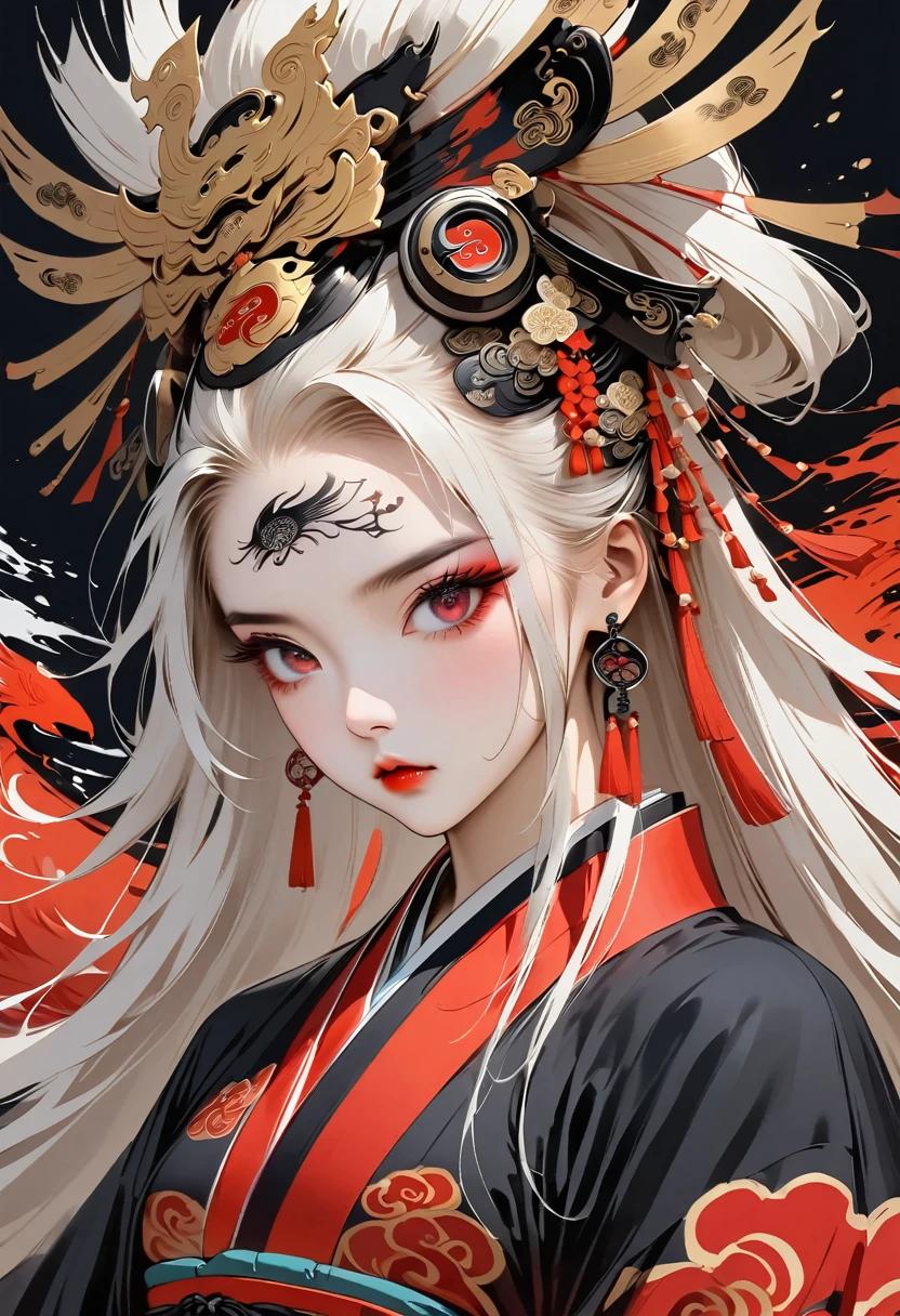 Modern art style for girl, black ponytail, complex background, Flying fish, (Koi colors:1.3), [Red thread|Black topics]
Ink painting, (((1 girl))), (((Tattoo in the middle of the forehead))),(((In the background is the Akatsuki moon))), (((Oiran))), (((Great hair accessories))), Japanese style headphones, Demon possession, (((Red eyes with an inscription inside them))),Face up close, Japanese beauty, White hair, Sensitive and precise, Modern Ukiyo-e style