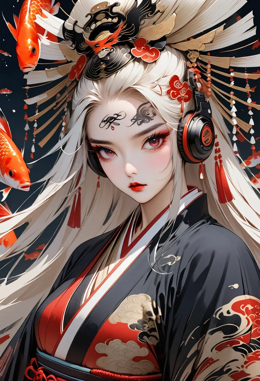 Modern art style for girl, black ponytail, complex background, Flying fish, (Koi colors:1.3), [Red thread|Black topics]
Ink painting, (((1 girl))), (((Tattoo in the middle of the forehead))),(((In the background is the Akatsuki moon))), (((Oiran))), (((Great hair accessories))), Japanese style headphones, Demon possession, (((Red eyes with an inscription inside them))),Face up close, Japanese beauty, White hair, Sensitive and precise, Modern Ukiyo-e style