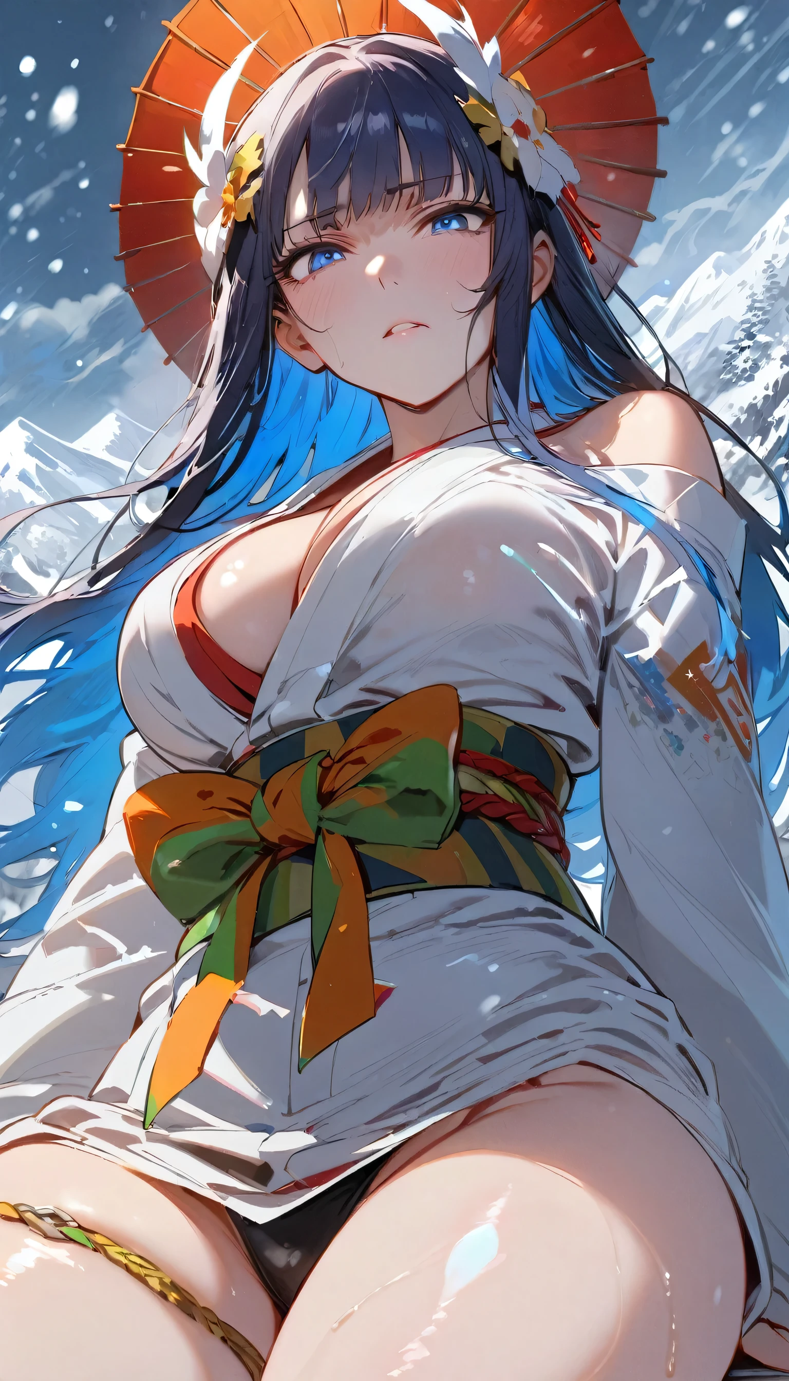 Nsfw,Snow Woman、Beautiful dark blue hair,Big Breasts、Long Hair,Yuki Onna,Cool look,White kimono,(high quality),(blue eyes、Perfect Eyes),(cheek),Narrow eyes,Adult women,Snowstorm in the background,Long sleeves,from_front,The kimono is transparent,skin is white,unamused,hair ornaments,mountain,straddle pov,from below