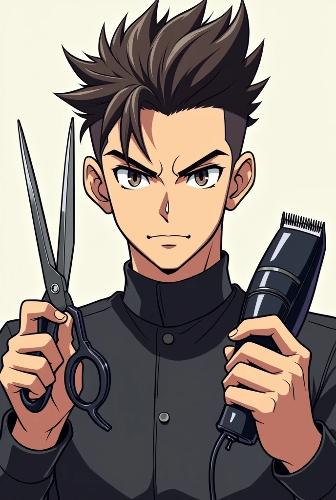 Give me a drawing of an anime man who has scissors and a barber machine, one in each hand, that is half-body.. Make it easy to draw 


