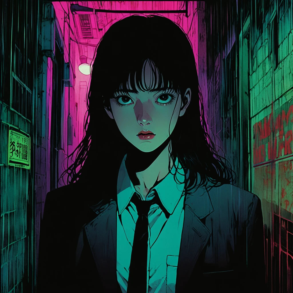illust、art、from 80s horror movie, directed by Junji Ito、darkness、Young Man investigator, Alley、nightmare、anxiety、high detail, realsitic shadow、Analog style, vhs style, 8mm film, chromatic aberration, Dvd screengrab、Surrealism