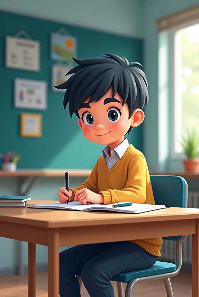 Cree une image d'un garcon en dessin anime,le garcon est entrain d'etudier a l'ecole,etudiant en telecommunication
