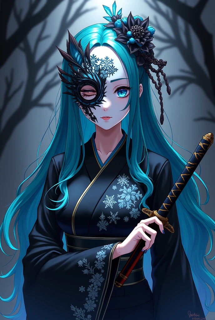 Screenshot from Kimetsu No Yaiba The image shows a mysterious and elegant woman, with long, aqua blue hair cascading down her back, with black locks that intertwine with the blue. His face is completely covered by a mask that is half white and half black with intricate designs that look like snowflakes and ice blocks., The mask covers his entire face . On top of the mask, There is a design that resembles the full moon, with fine and delicate details.

The woman is wearing a black kimono with blue and white details., which resembles the style of the Demon Slayers of Kimetsu No Yaiba. His posture is elegant and confident, with one hand on his waist and the other holding a Japanese sword.

The background of the image is dark and mysterious, with shadows that resemble the night. The lighting is dim, with a soft focus that highlights the figure of the woman.

Her eyes are sky blue and very bright.