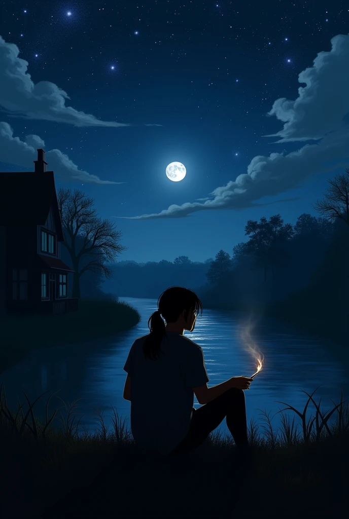 Silhouette of a man with long hair in a ponytail sitting alone in the middle of the night,smoke a cigarette.behind the house with the river