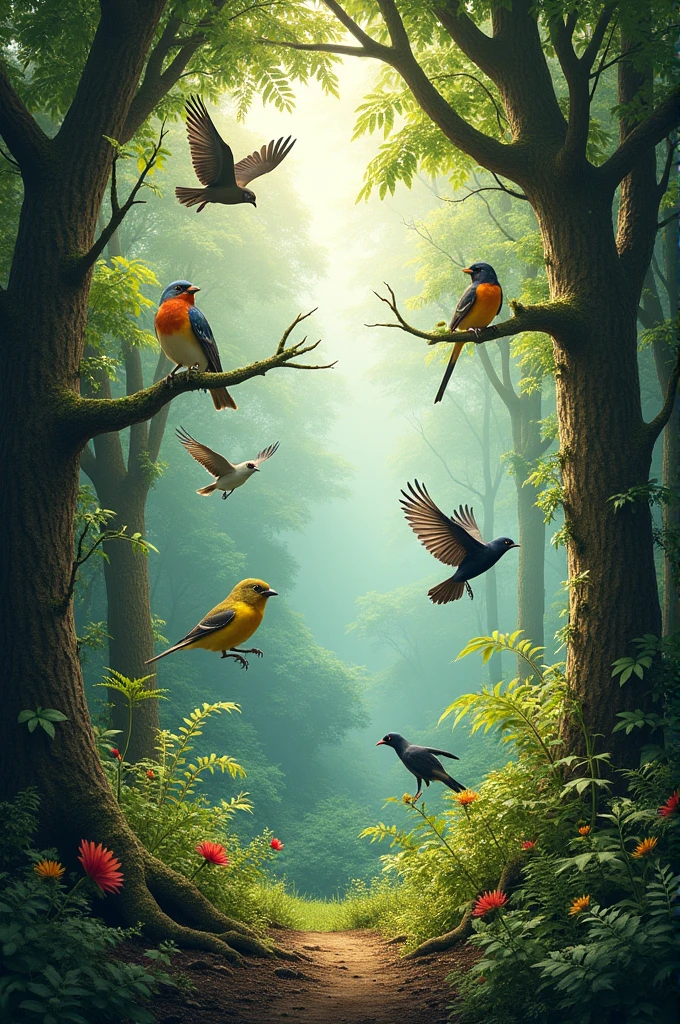 Give me a forest with lots of trees and have all kinds of birds flying and standing in the trees