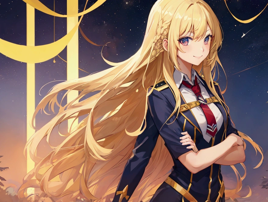 1 female,smile,Tight hair,Blonde long hair,stand up,Arms crossed,high school student