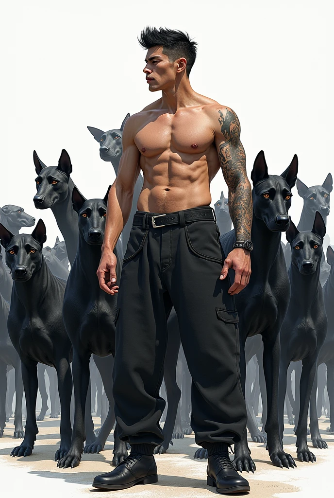 best quality,masterpiece,Ultra-high resolution,1 person,looking at the audience,one,Yamamoto Takashi style,Countless black evil black dog beasts surrounded him,
simple background,White_background,Machinery Division,Exoskeleton,Cold-blooded adult man,toughboy style, Shirtless,trousers, muscle, tattoo