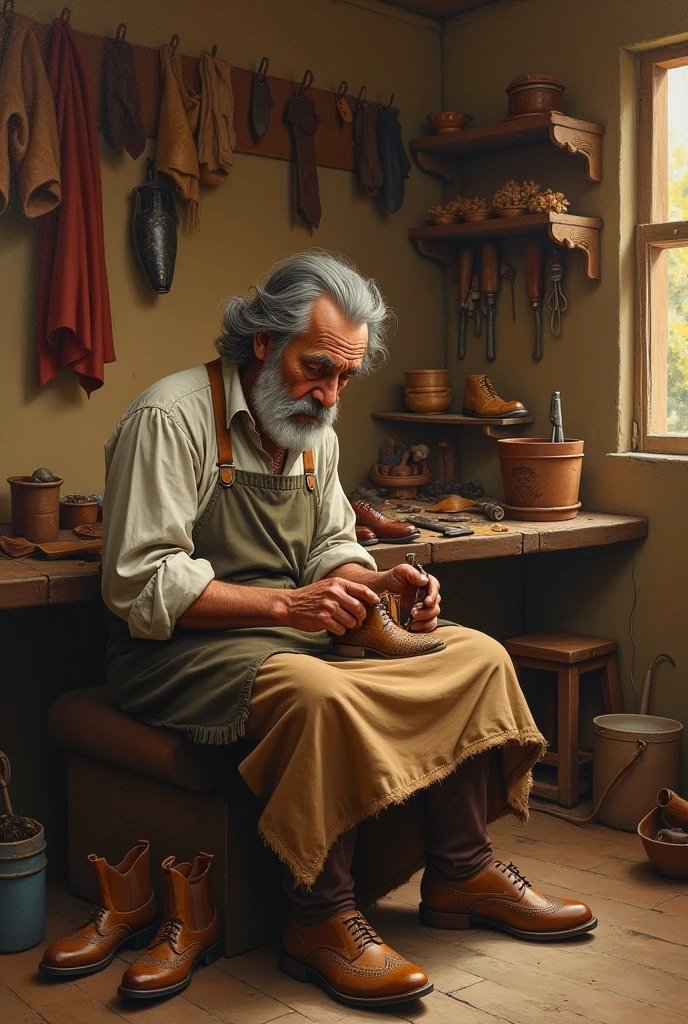 Create a drawing of a shoemaker to paint on a light brown background
