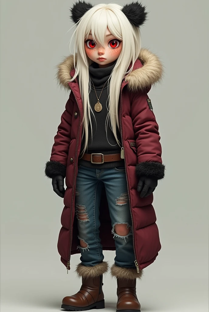 a drone with long fluffy ivory-white pelvic-length bush-like hair, ruby red eyes, a lot of freckles, And wearing torn jeans, fur-lined boots, a maroon coat with the bottom half black, a tan-off-white white fur hood with black tips, sleeves that fade into dark red at the cuffs.