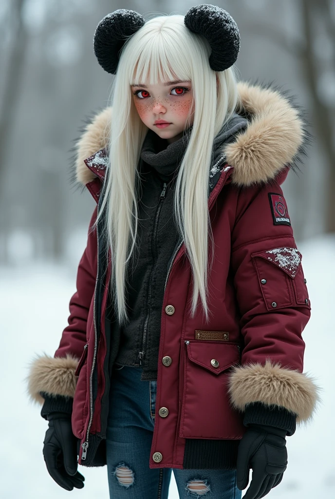 a drone with long fluffy ivory-white pelvic-length bush-like hair, ruby red eyes, a lot of freckles, And wearing torn jeans, fur-lined boots, a maroon coat with the bottom half black, a tan-off-white white fur hood with black tips, sleeves that fade into dark red at the cuffs.