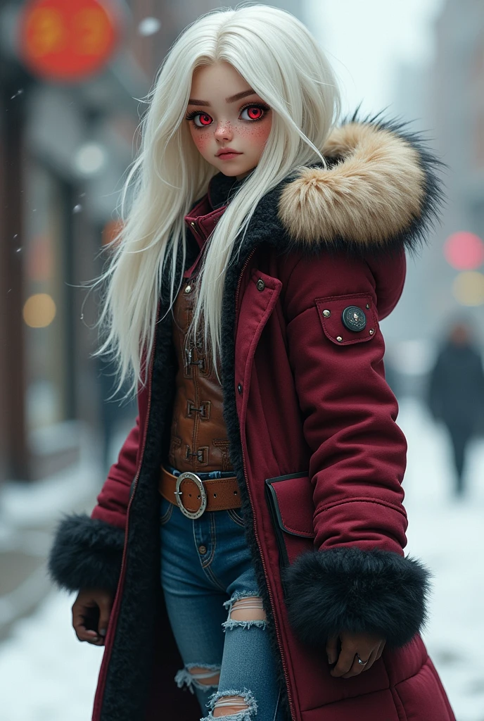 a drone with long fluffy ivory-white pelvic-length bush-like hair, ruby red eyes, a lot of freckles, And wearing torn jeans, fur-lined boots, a maroon coat with the bottom half black, a tan-off-white white fur hood with black tips, sleeves that fade into dark red at the cuffs.