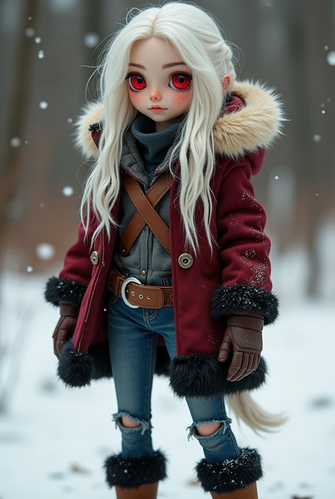 a drone with long fluffy ivory-white pelvic-length bush-like hair, ruby red eyes, a lot of freckles, And wearing torn jeans, fur-lined boots, a maroon coat with the bottom half black, a tan-off-white white fur hood with black tips, sleeves that fade into dark red at the cuffs.