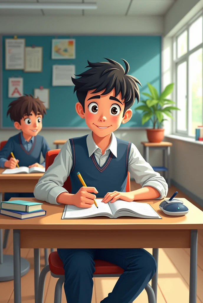 Cree une image d'un garcon en dessin anime,le garcon est entrain d'etudier a l'ecole,etudiant en telecommunication