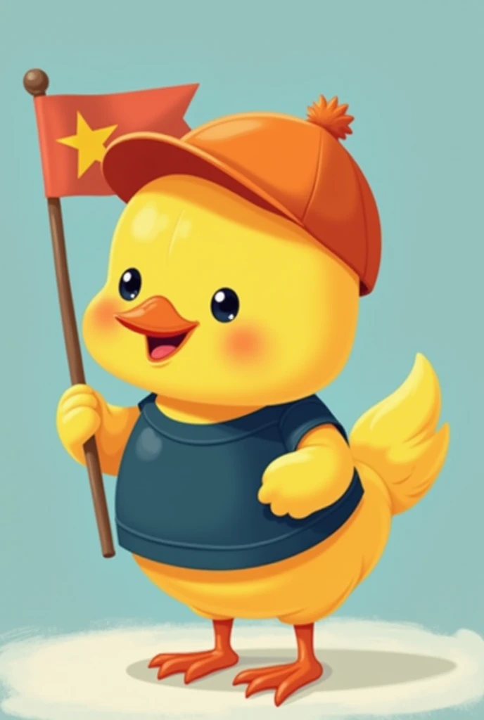 Cute yellow chick with a flag,  with dark blue t-shirt and orange hat 