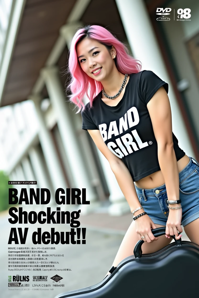 (((A little chubby, big breasts, big buttocks))), ((((Woman's ridiculously large breasts change, slender curves, big , big breasts, big , super beautiful woman, whip-smacking body)))), adult video poster layout, text on screen: "BAND GIRL Shocking AV debut!! ★ MIRU KOGURE",(((Japanese woman with large black guitar case)))), 26 year old adult woman wearing black crew neck top with large English letters on her chest and short blue jeans posing for a photo shoot, big breasted female porn actor, dynamic pose, rock music magazine model pose,. Japanese female fashion model, (((very bright pink hair))), happy expression, thick chain accessories on neck and arms, (((in front of Asakusa strip theater))), pure beautiful smile, intelligent face, slender curves, large breasts, wearing black t-shirt, small leather jacket Wearing black T-shirt, very small leather jacket, denim shorts, (((extreme low angle))), null, Bill, holding black guitar case with guitar strap, (((DVD mark, Blu-ray mark, PG-18 mark))).