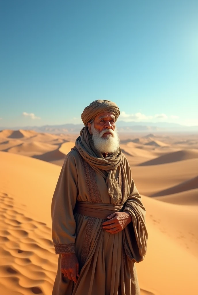 A man ask from old man background is desert and the peoples are Muslims make pic in landscape mode