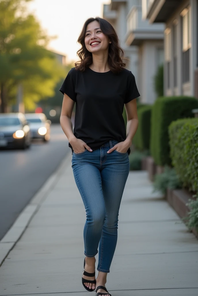 Walking towards here、Japanese women、Black T-shirt、Shin-length skinny jeans、Strap Pin Heel、background:Residential Street、evening、Big smile、
