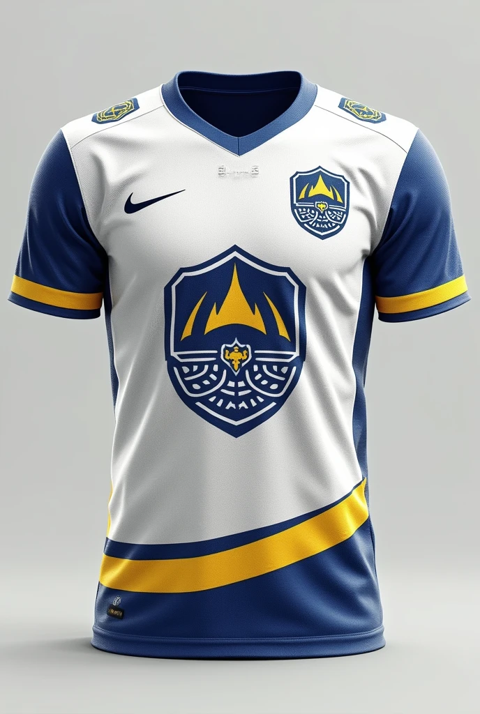 create a white swedish team shirt with vikings theme and blue and yellow details