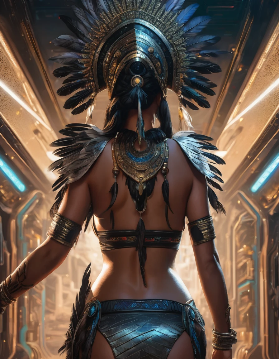 full body view from behind, oil painting style, spaceship interior, beautiful busty native woman, black feather headdress, face detailed, detailedeyes, detailed lips, extremely detaild, details Intricate, cinematic lighting, dramatic shadows, bright coloured, photorrealistic, 8k, high qualiy, work of art, digitl art