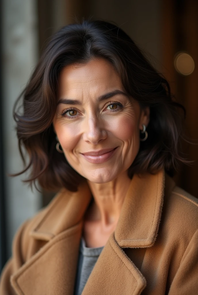 a regular Brunette woman 50 years old, french parisian style, with natural makeup, wearing a camel cashmere. High resolution, chef-d&#39;artwork, best quality, intricate details, Very detailed, mise au point nette, detailed skin, texture de peau réaliste, texture, Detailed eyes, professionnel, 4k, sourire charmant, filmed on Canon, 85 millicmeters, faible profondeur de champ, Couleur Kodak Vision, corps parfaitement ajusté, extremely detailed, photographier_\(ultra\), photorealistic, Realistic, Post-traitement, maximum details, roughness, vrai vie, ultra realistic, photorealism, photographie, 8k euh, photographie