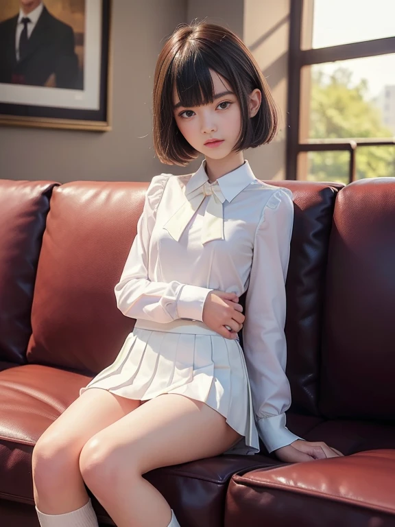 (masterpiece、Highest quality:1.7)、(:1.5)、(Full body shot:1.5)、Bobcut、Black Hair、85mm、16K、Official Art、RAW Photos、Best Beautiful Faces、Close-up、Violet、Gardenia、The best beautiful girl、very cute、Red blush on cheeks、indoor、(Sit on the couch:1.8)、Film Grain、Chromatic Aberration、Sharp Focus、(((Nice hands、Perfect hands、Perfect Fingers、Thin and delicate fingers、A perfect body without flaws)))、Detailed face、(Slender body:1.5)、(Slender body:1.4)、(Small and flat bust:1.7)、(Let your bangs hang down:1.8)、(Blushing:1.8)、(Low contrast lighting:1.2)、(White tight business blouse with collar:1.5)、(White bow tie blouse:1.3)、(Long sleeve: 1.3)、(White pleated mini skirt:1.5)、(White School Socks:1.5)、(Eyes closed:1.5),(Hands in crotch:1.5),(masturbation:1.3)