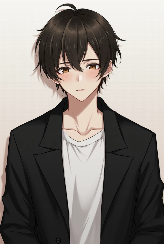 Young people、Dark brown hair、short hair、Thick eyebrows、Tsurime、Black coat、White innerwear、Expressionless、male、Thick eyebrows、""Thick eyebrows""