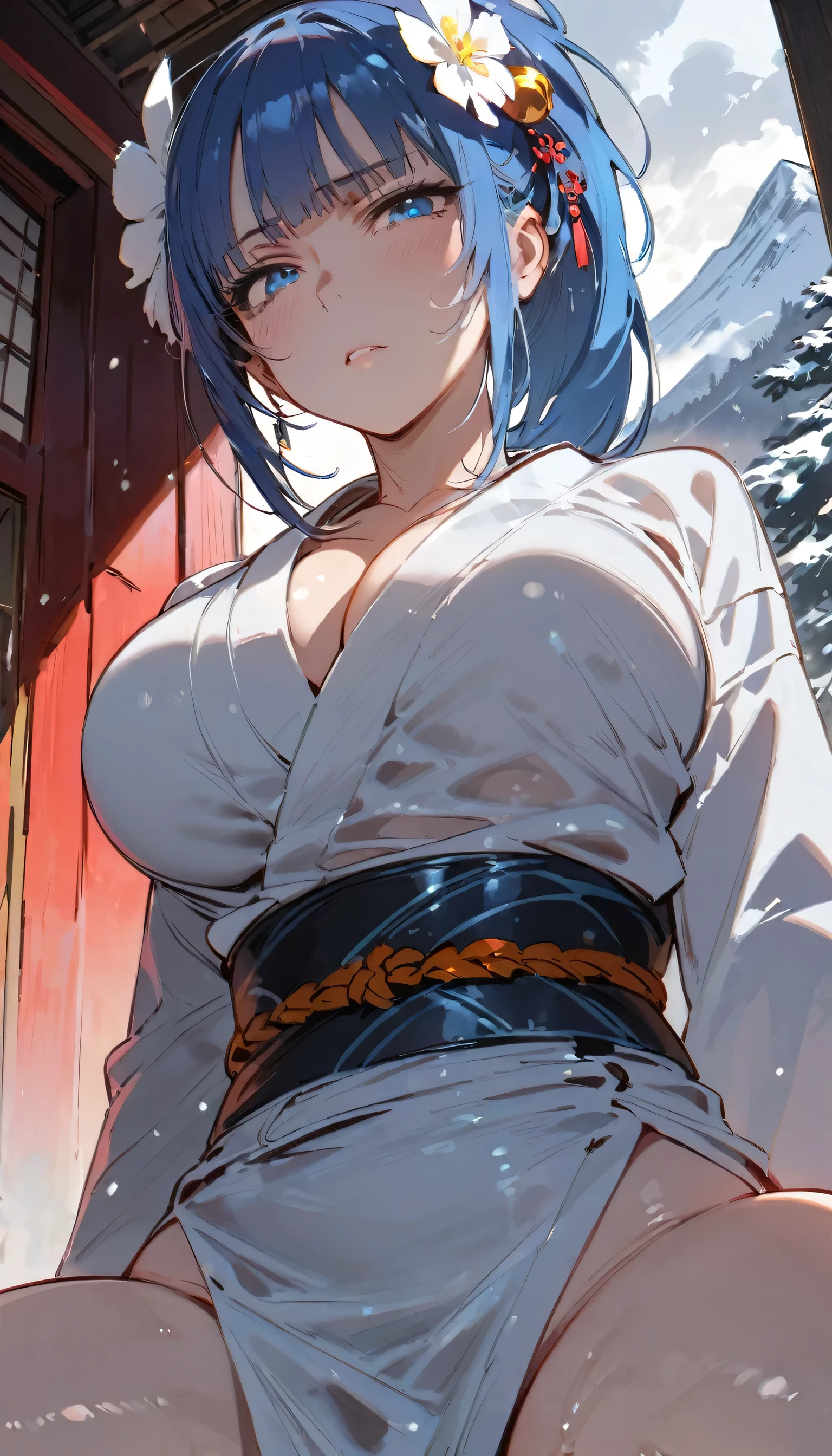 Nsfw,Snow Woman、Beautiful dark blue hair,Big Breasts、Long Hair,Yuki Onna,Cool look,White kimono,(high quality),(blue eyes、Perfect Eyes),(cheek),Narrow eyes,Adult women,Snowstorm in the background,Long sleeves,from_front,The kimono is transparent,skin is white,unamused,hair ornaments,mountain,straddle pov,from below