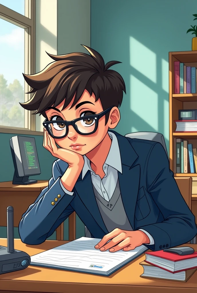 Cree une image d'un garcon en dessin anime,le garcon est entrain d'etudier a l'ecole,etudiant en telecommunication
