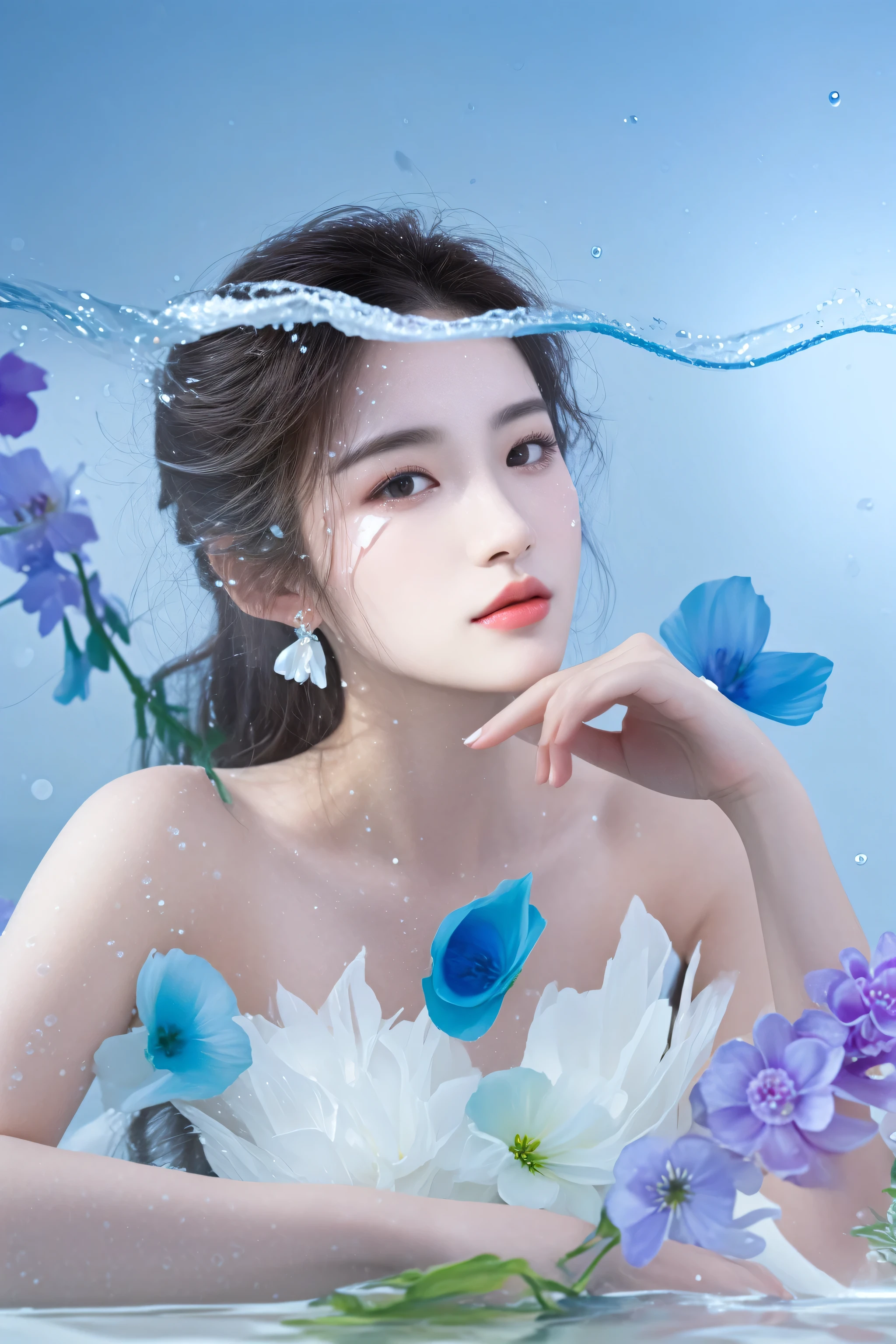 there is a woman in a white dress with flowers in her hair, closeup fantasy with water magic, with frozen flowers around her, water fairy, queen of the sea mu yanling, asian female water elemental, real photoshoot queen of oceans, ethereal beauty, portrait of a woman underwater, woman in flowers, hoang long ly, photo taken with nikon d 7 5 0