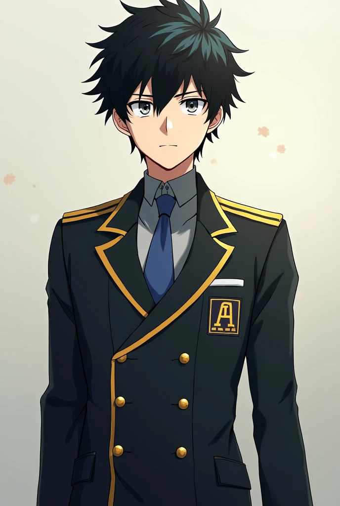 A black-haired man with gray eyes wearing the UA uniform from the anime Boku no hero academia 