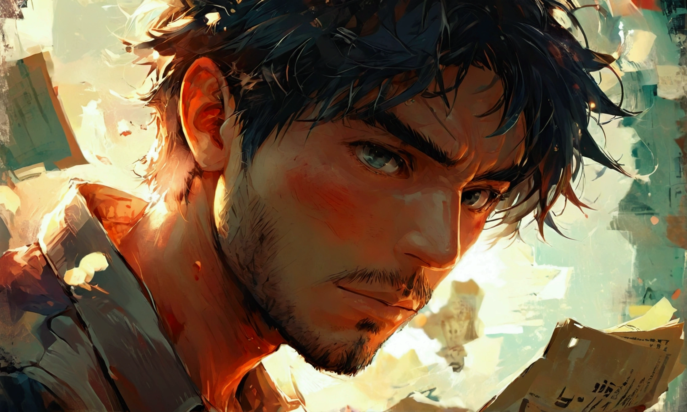 A MAN HOLDING VARIOUS PAPERS,manga style art,manga style art,manga style art,manga style art