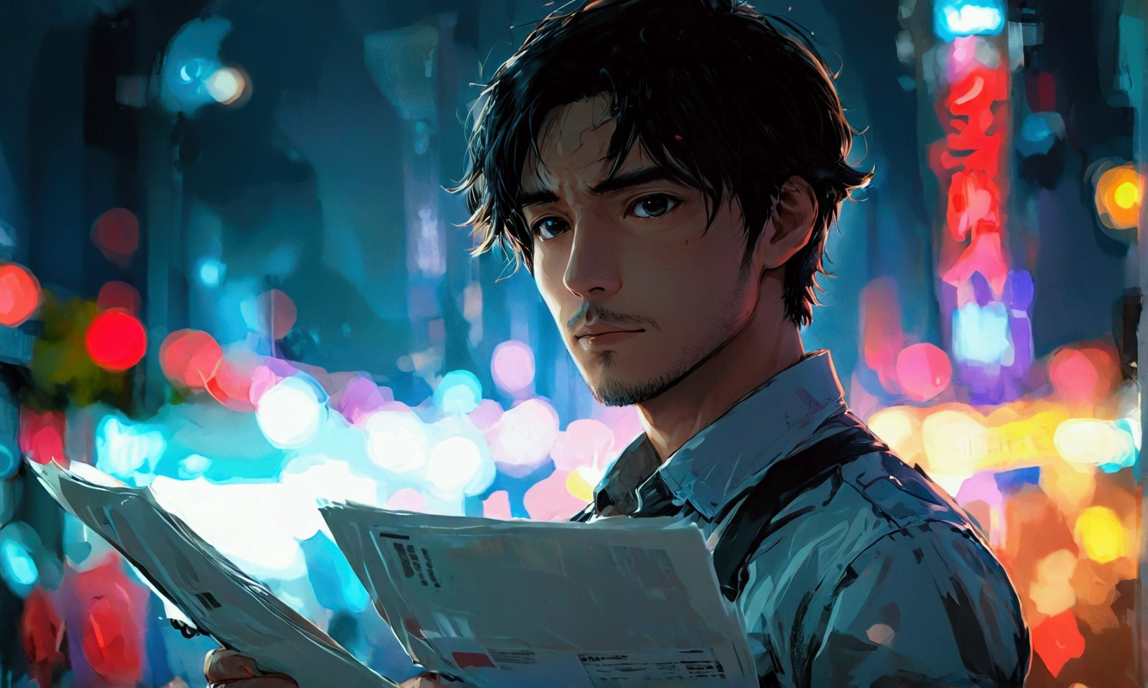 A MAN HOLDING VARIOUS PAPERS,manga style art,manga style art,manga style art,manga style art