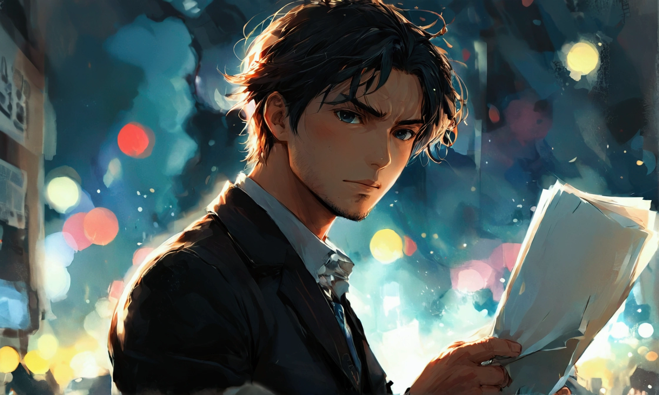 A MAN HOLDING VARIOUS PAPERS,manga style art,manga style art,manga style art,manga style art