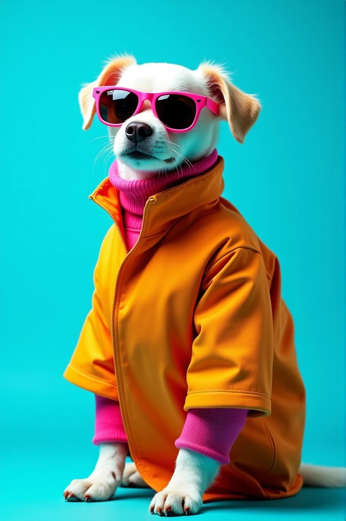 The best cell phone wallpaper, Award-Winning Wallpaper, portrait photography, In the front view is a portrait of a cute dog wearing mid-1960s space age fashion, Side view photo, Shot with Canon EOS R5, Set a strong contrast that accentuates the subject, Fluorescent blue tone, Wearing a very modern coat and sunglasses is a modern 1960s style, Clothes all in one color, beautiful background
