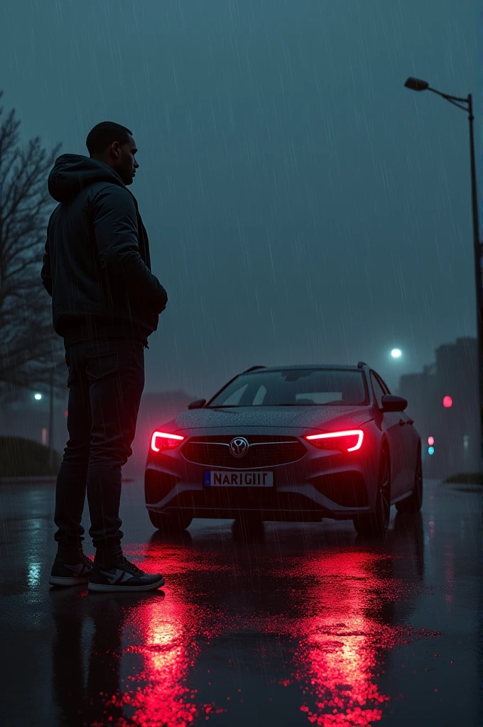 A Harvey rain weather at night a black man standing from a distance in the rain looking at his Astra H GTC with the low beam and fog lights on in red colour wearing skinny jeans and high top sneakers and a puffer jacket