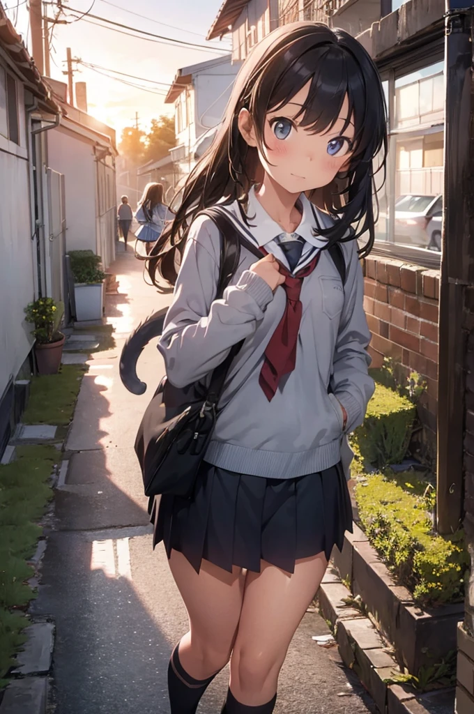 one girl in school uniform carrying a grey cat, alleyway, sunset
