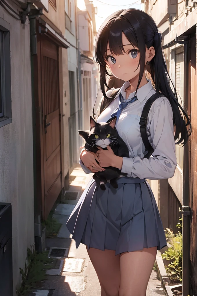 one girl in school uniform carrying a grey cat, alleyway, sunset